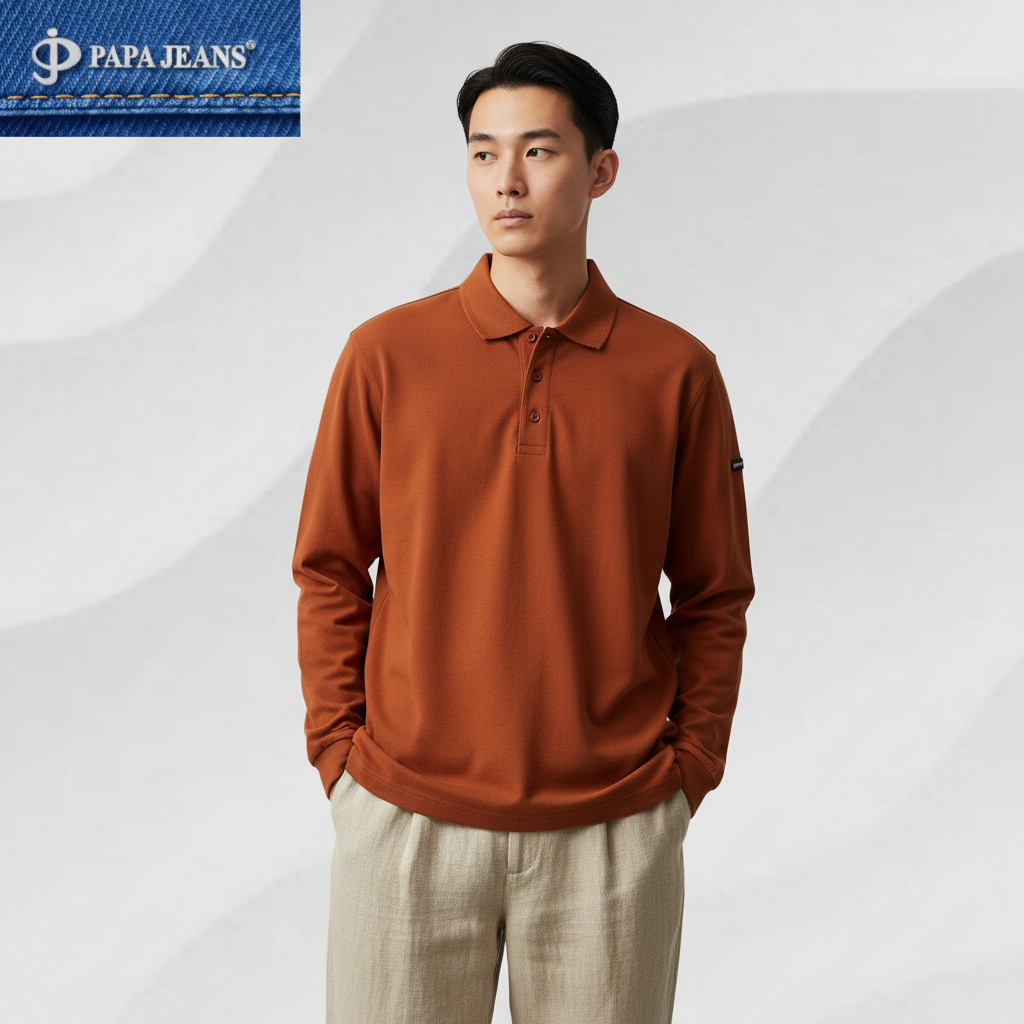 Kaos Kerah Polo Shirt Lengan Panjang Papa Jeans Merah Bata