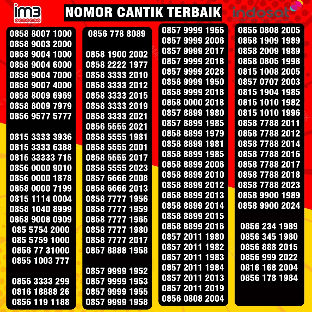 Nomor Cantik Indosat 11 Digit Nomer Cantik Im3 Tahun Lahir 2024 2023 2022 2021 2020 2019 2018 2017 2