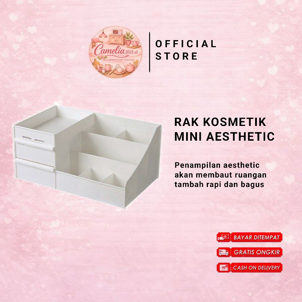 Rak Kosmetik Meja Minimalis dengan Laci | Organizer Make Up Skincare Serbaguna