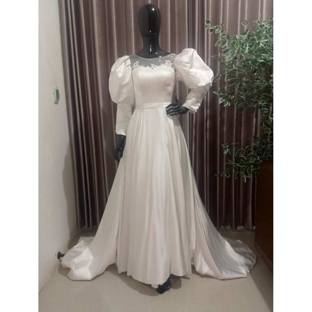 wedding dress, gaun pengantin satin bridal, gaun manten muslim