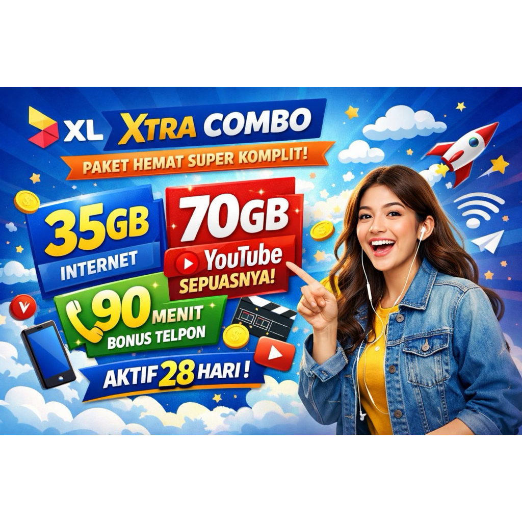 XL Xtra Combo 35GB + 70GB YouTube + Bonus Telpon 90 Menit | 28 Hari | Resmi