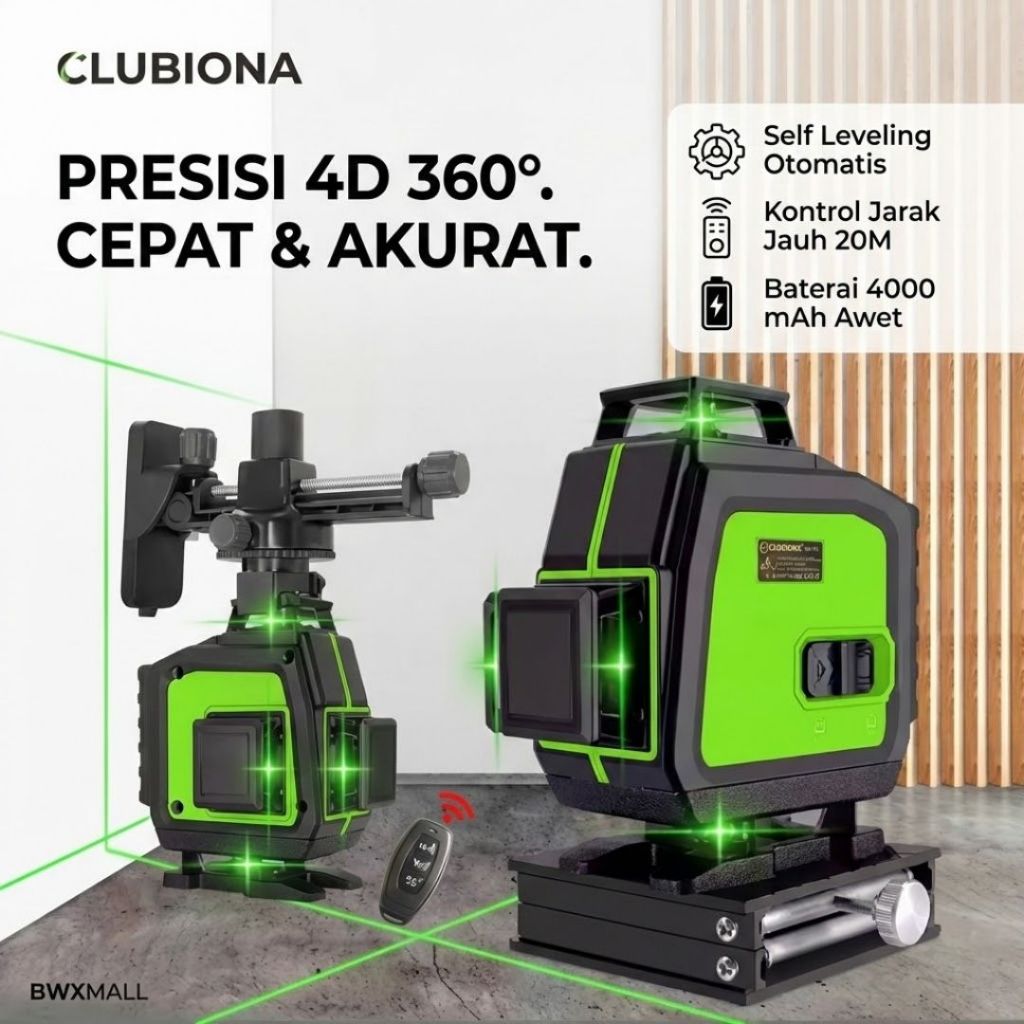 CLUBIONA Laser Level 4D 16 Line Green Beam Self Leveling Alat Ukur Siku Bangunan Waterpass Digital S