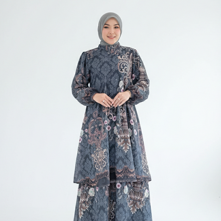 Baju Set Cewek | Baju Stelan Wanita Terbaru | Gamis Malaysia Ceruty Babydoll Motif Print | Bunca - R