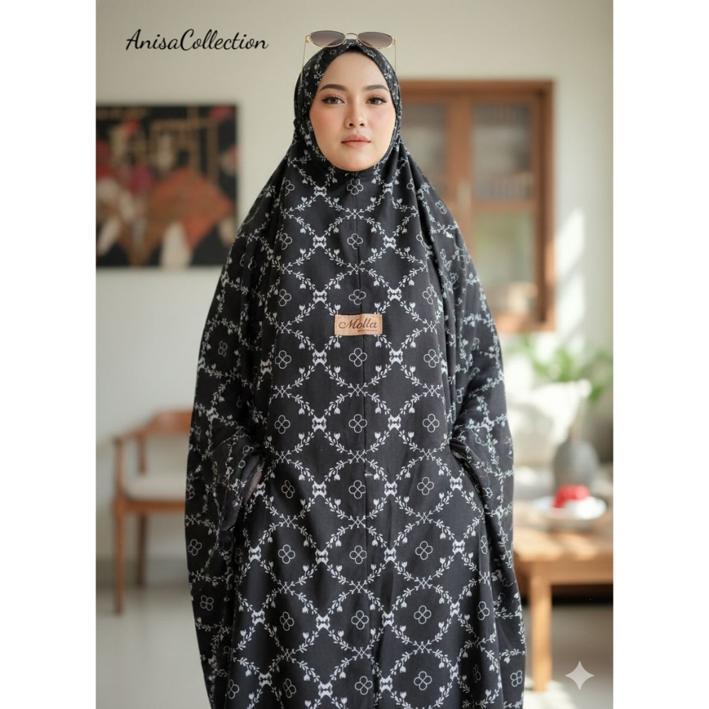 Mukena Traveling Medium Pouch Motif Warna Hitam / Mukena 2in1 Motif Resleting Dagu