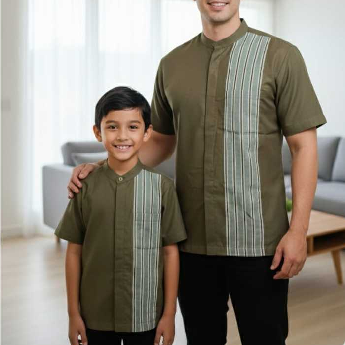 Koko Couple Olive Stripe Abu  Garis Tua Ayah Anak Newborn Jumbo Kemeja Baju Lebaran Sarimbit Oversiz