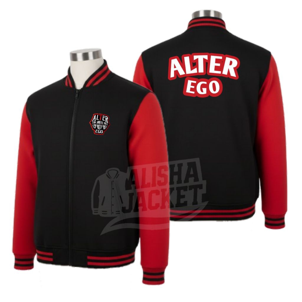 Jaket Baseball Pria HiTam Merah  Alter Ego esport Resleting Pria Wanita JakEt Varsity Ziper Hitam ku