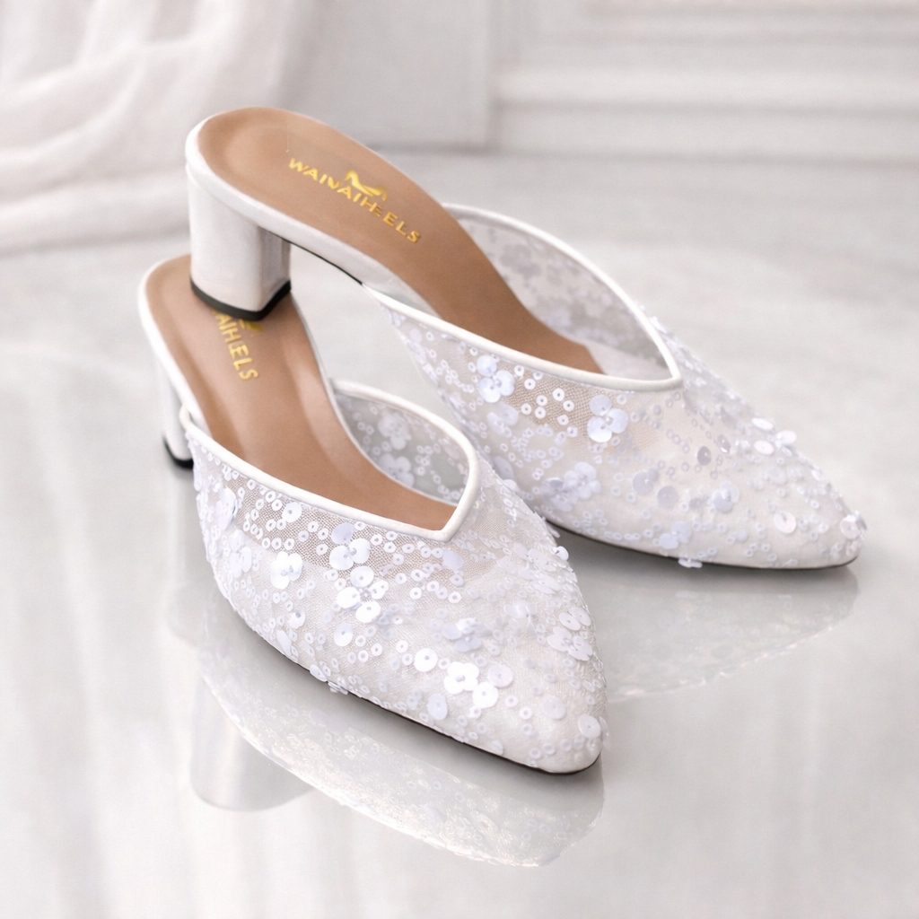 Waiwai Sepatu Pengantin Brukat Putih Jessica Heels Payet Hak 7cm