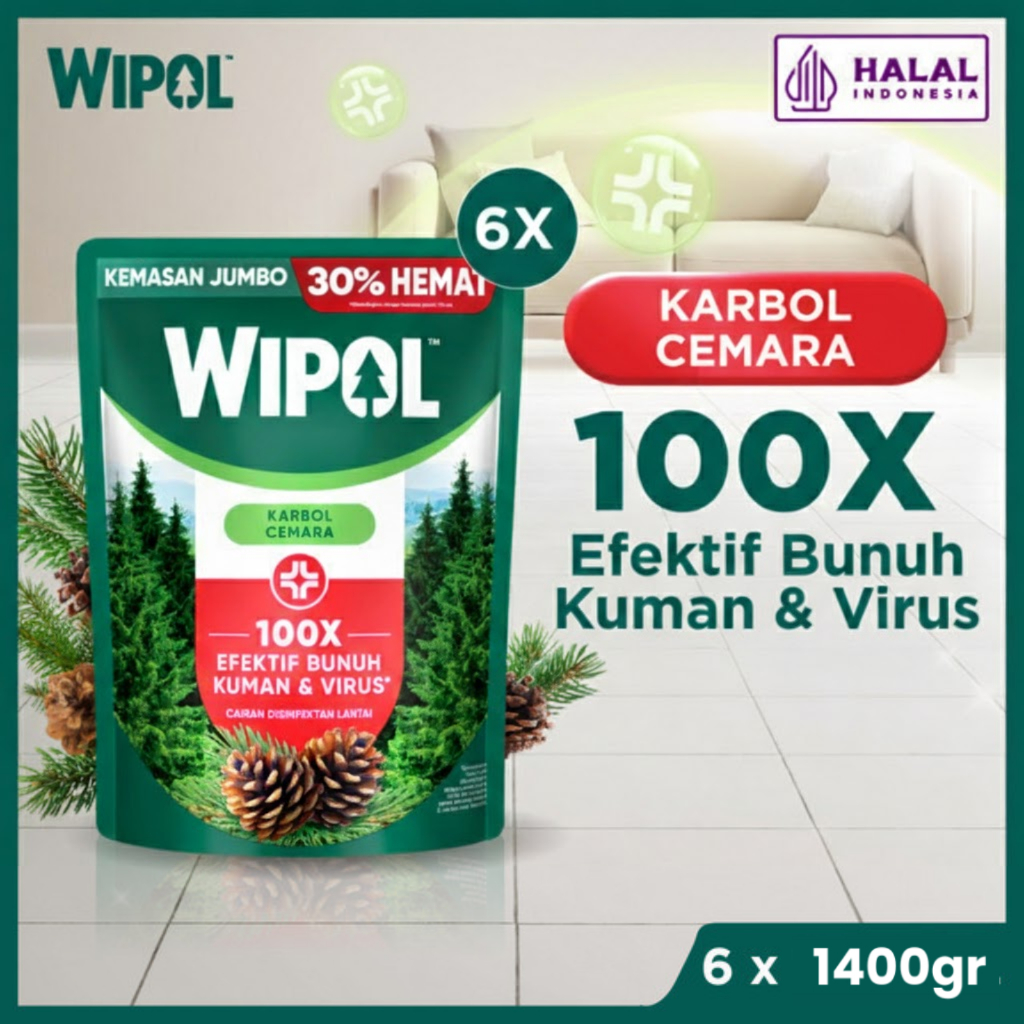 Wipol Pembersih Lantai Cairan Disinfektan Teruji Dermatologis Karbol Cemara 1400g x 6