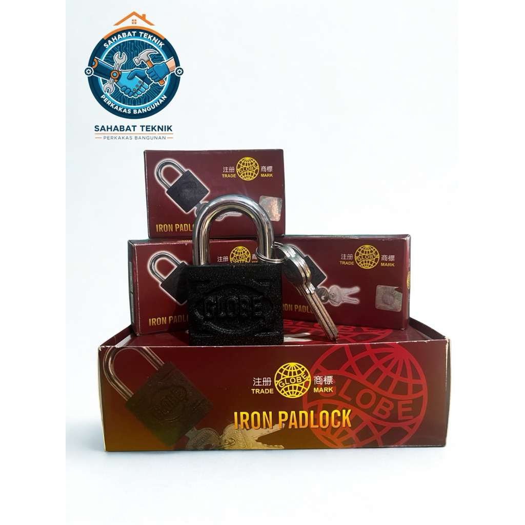 Gembok Globe Hitam. Iron Padlock . Kunci pintu rumah, pagar , gudang dll. Tersedia ukuran 30 40 50