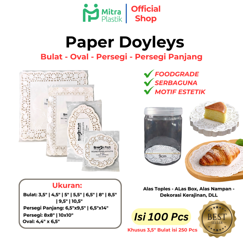 Paper Doyleys isi 100 pcs Alas Toples Kue Renda Dragon Pack Bulat Oval Kotak Persegi Panjang Putih