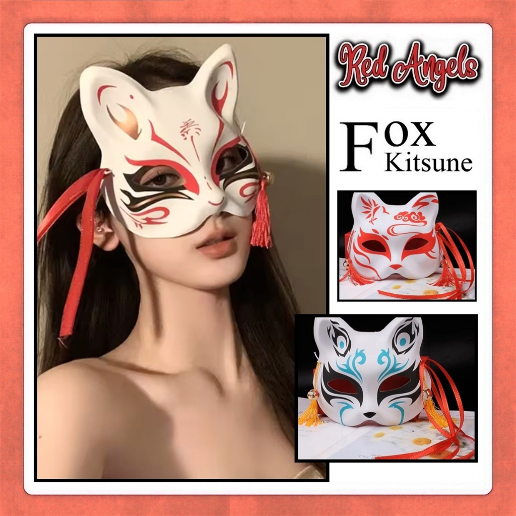 Red Angels Topeng Kostum Kitsune / Fox Mask Pesta Cosplay Anime & Halloween / Model Tradisional Jepa