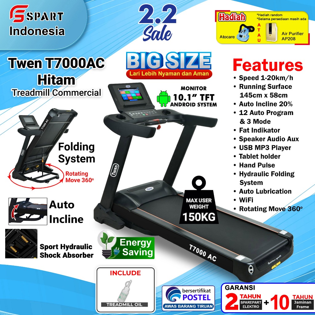 TWEN T7000AC Treadmill Listrik Treadmill Portable Treadmill Multifungsi Treadmil Lipat Alat Olahraga