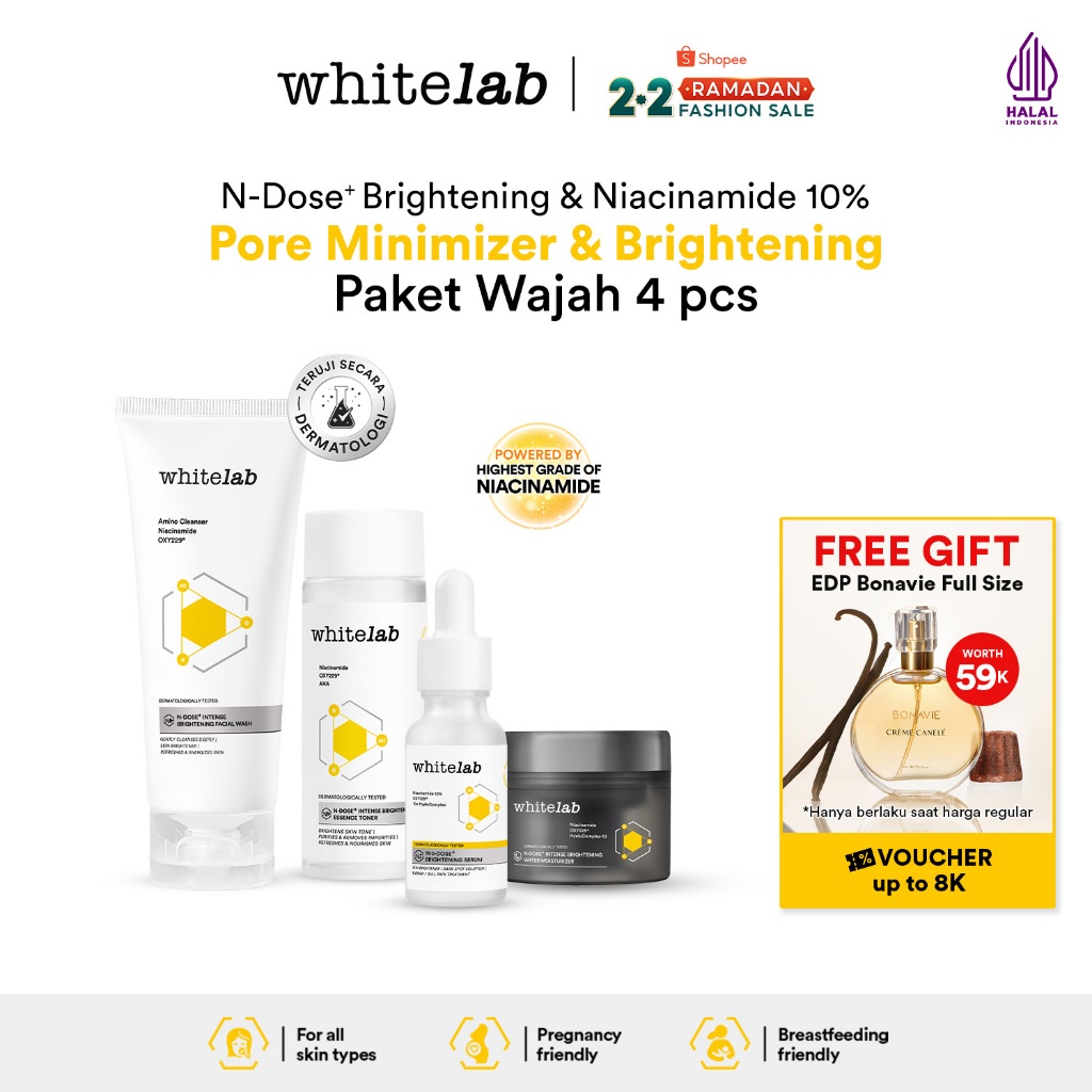 Whitelab Paket Wajah Brightening Niacinamide Facial Wash, Toner, Serum, Night Moisturizer - 4 pcs N-