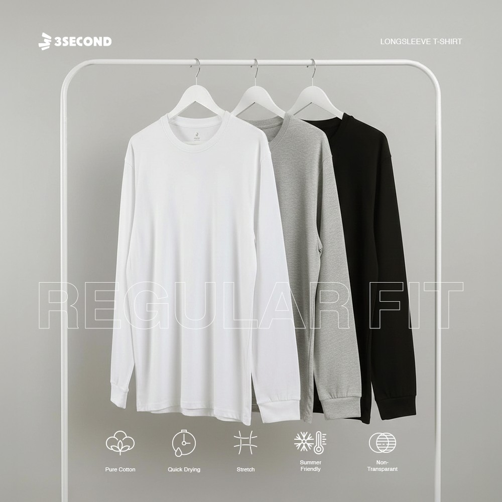 3Second Kaos Polos Monochrome Basic Lengan Panjang Regular Fit Katun 30s OL-CF760425