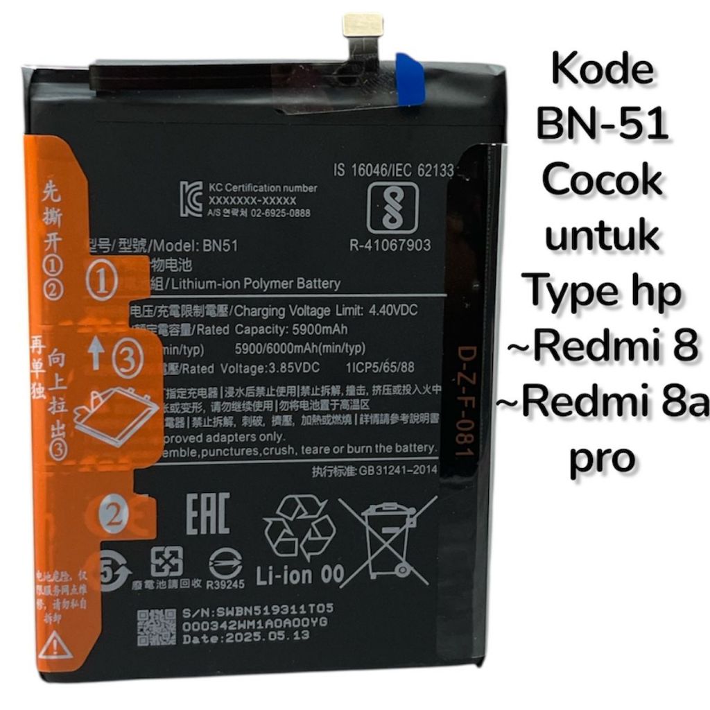 Baterai Batre Xiomi Redmi 8 Batre Xiomi Redmi 8A Pro BN51 Original