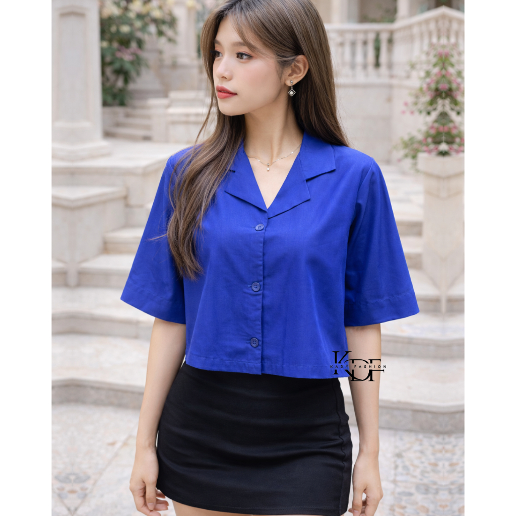 KDF - Helen Crop T-shirt | Atasan Kemeja Crop Top Katun Linen | Top Import Bangkok BKK New | Atasan 