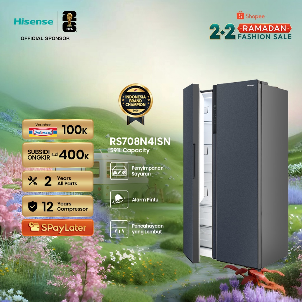 Hisense Kulkas RS708N4ISN Refrigerator Side By Side Kapasitas 591L Warna Silver Inverter Tanpa Bunga