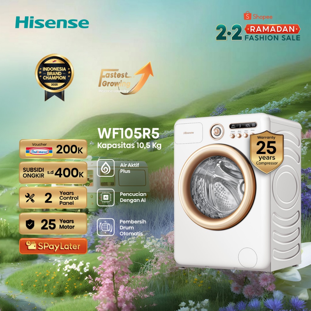 Hisense Mesin Cuci WF105R5 Front Loading Kapasitas 10.5KG 1 Tabung Bukaan Depan Active Water Plus (B