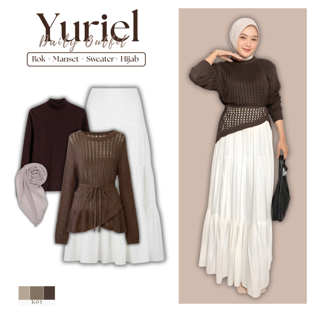 Kalamood - Setelan Brown Outfit Bukber 2026 (Yuruma Blouse, Rok Susun, Manset, Hijab) OOTD Hijab Kek