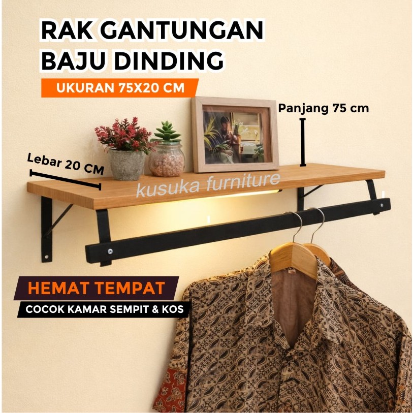 RAK DINDING ESTETIK MULTIFUNGSI 75x20cm Rak Display  dan Gantungan Baju kamar