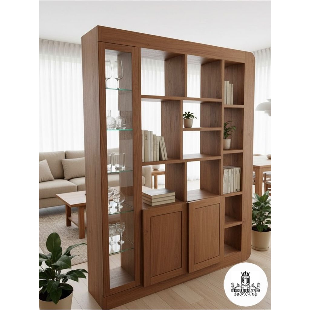 rak buku partisi penyekat ruangan minimalis serbaguna kayu jati