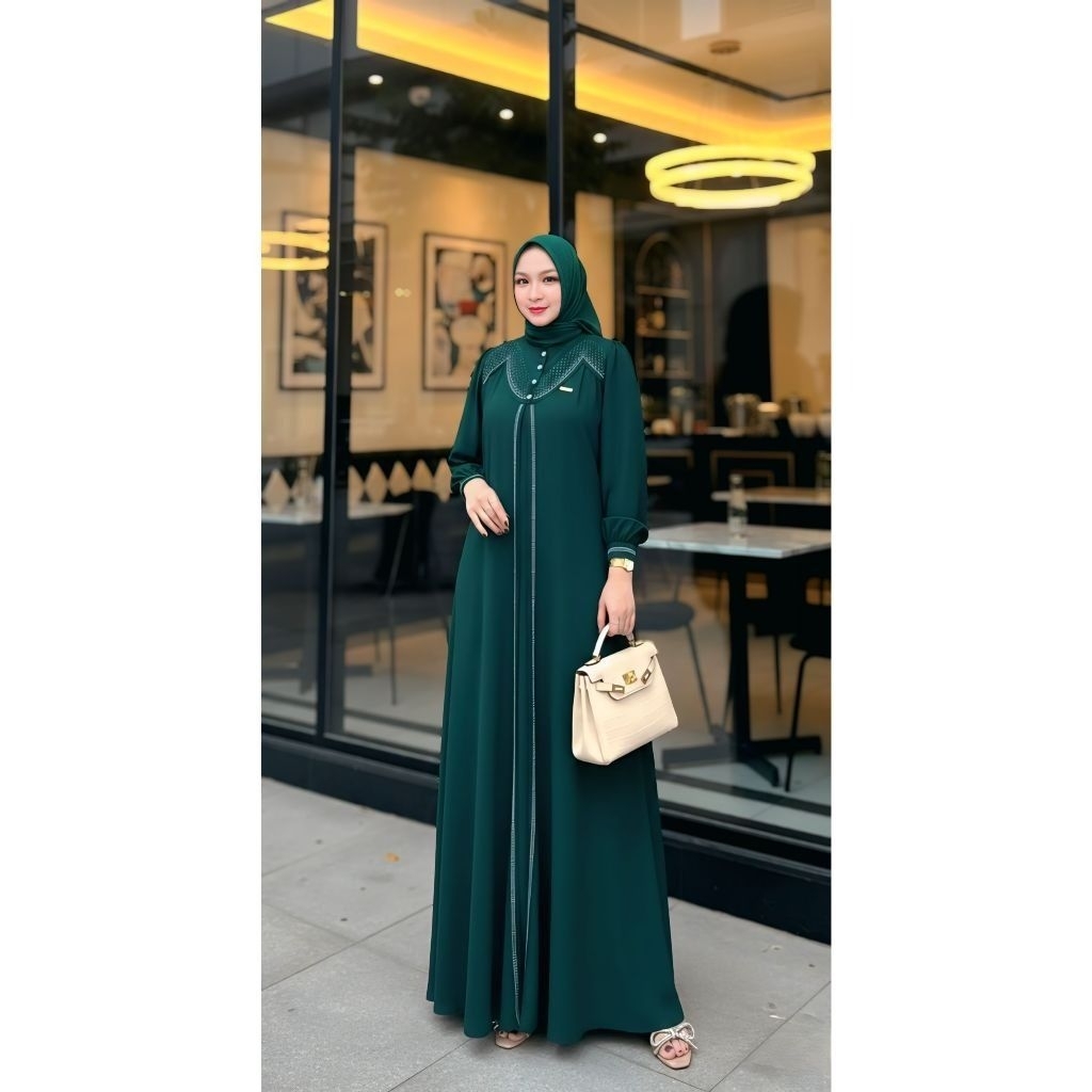 NAVITA DRESS PREMIUM CERUTY BABYDOLL MIX SWAROVSKI GAMIS WANITA KEKINIAN WARNA HIJAU BOTOL EMERALD C