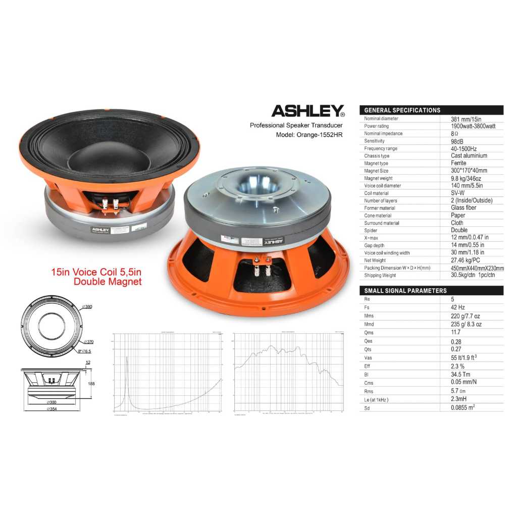Speaker Komponen ASHLEY ORANGE 1552 HR / 1552HR Coil 5'5 Inch Double Magnet 15 Inch