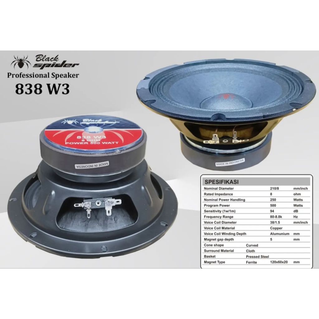 SPEAKER KOMPONEN BLACKSPIDER 838 W3 8 INCH MID BASS FULL RANGE ORIGINAL 838W3