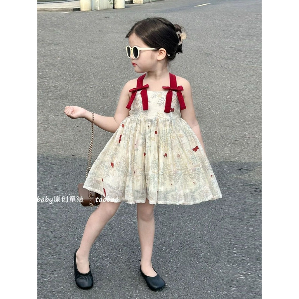 Dress Anak Perempuan Merah Gaun Anak Bayi Terusan Bunga Floral Cantik Cute Flare Kembang Furing Bow 
