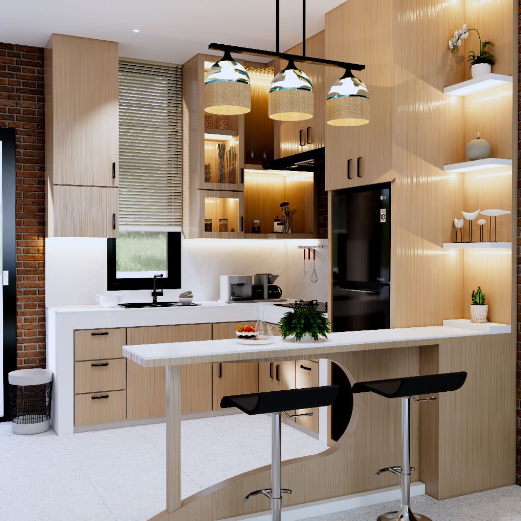 Kitchen Set Minimalis Modern Custom HPL | Lemari Dapur Atas Bawah + Island Bar Meja Makan
