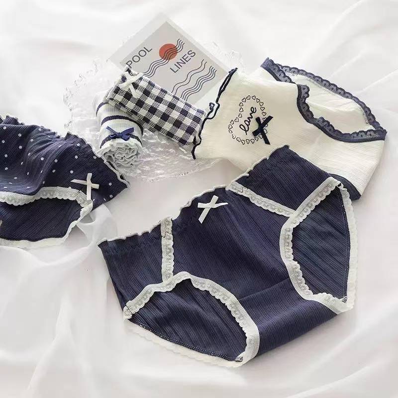 Isi 5pcs CD Celana Dalam Katun Adem Motif Pita Lucu Navy Putih Nyerap Keringat Underware