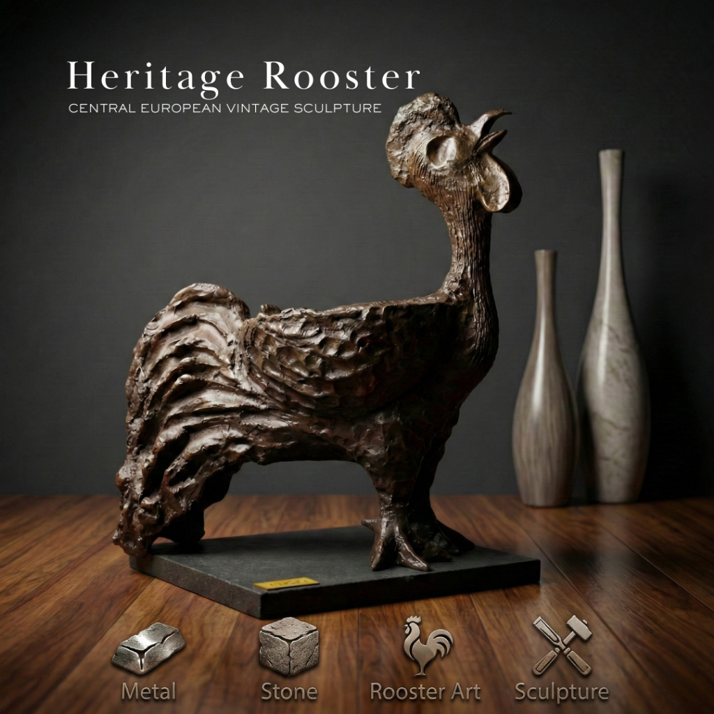 Patung Ayam Logam Artistik Warna Bronze Dekorasi Interior Premium dengan Alas Solid