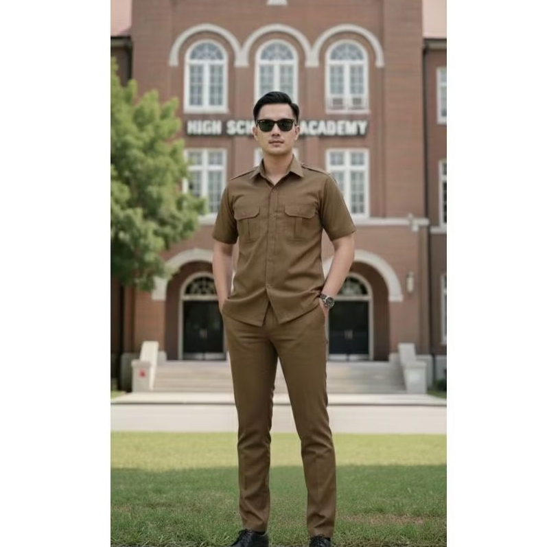 Kemeja PDH pria khaki lengan pendek Baju Celana