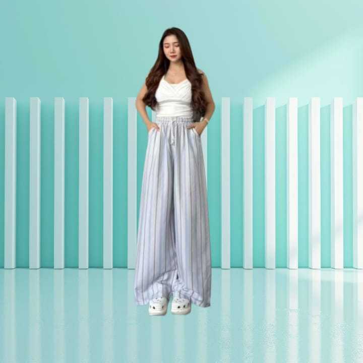 Celana Panjang Wanita Highwaist - Pinggang Karet, Saku Praktis, Pola Garis-garis Stripe