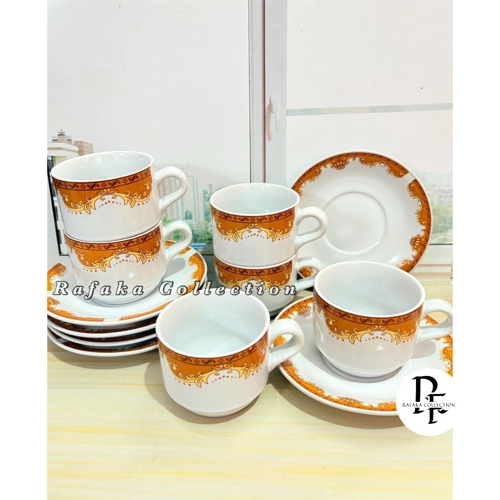 PROMO SET CANGKIR KOPI KERAMIK 6GELAS DAN 6TATAKAN-SET KERAMIK MOTIF MAHKOTA TERBARU