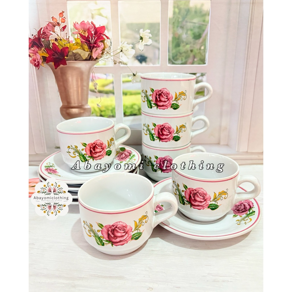 PROMO 1 SET GELAS KERAMIK MAWAR PINK MEWAH ISI(6 GELAS + 6 TATAKAN) SET GELAS KERAMIK