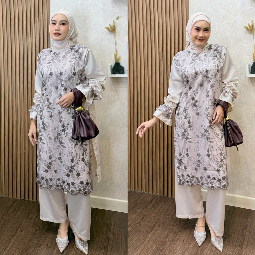 Erica Set Luxury Atasan dan Bawahan Celana Tunik Baju Brukat Pesta Kondangan