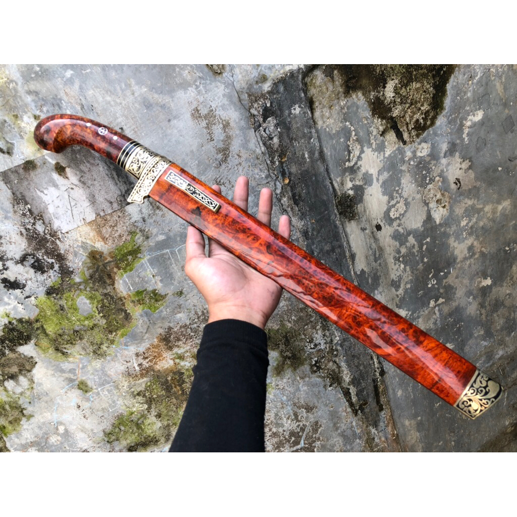 (PO)Pisau Sembelih Baja BOHLER N695 40cm 59 HRC Tajam - Sarung Kayu Burl RED, Gagang burl, Fulltank 