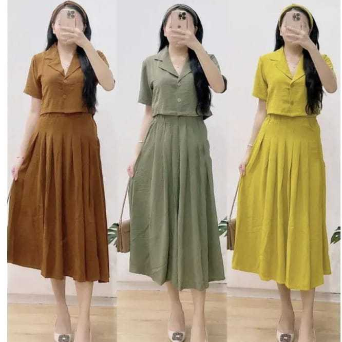 Kimmy Set Kemeja Crop Dan Rok Crinkle Airflow Premium One Set Wanita Terbaru Setelan Crop Dan Rok Mu