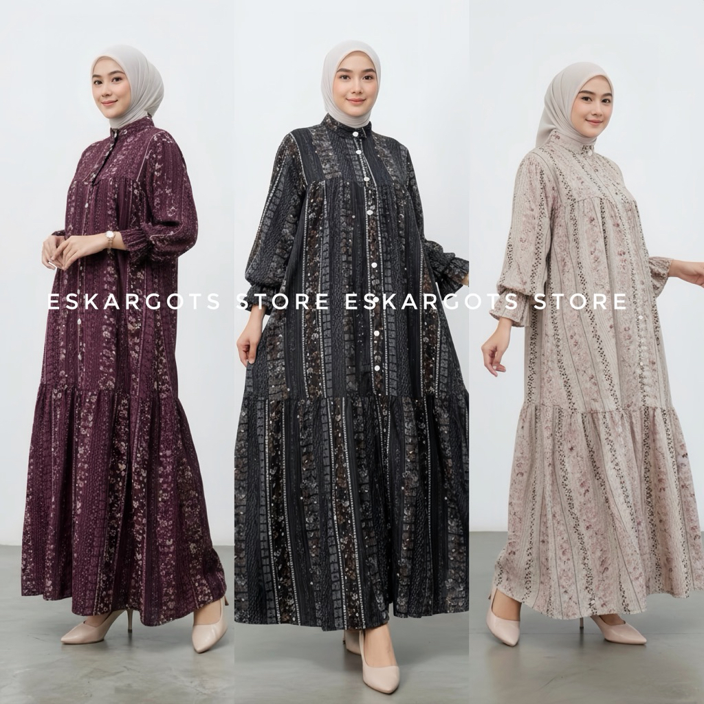 Series Raya Gamis Lebaran Rayon motif Bunga Gamis Lengan Balon Gamis Rayon Premium Lengan Smoke