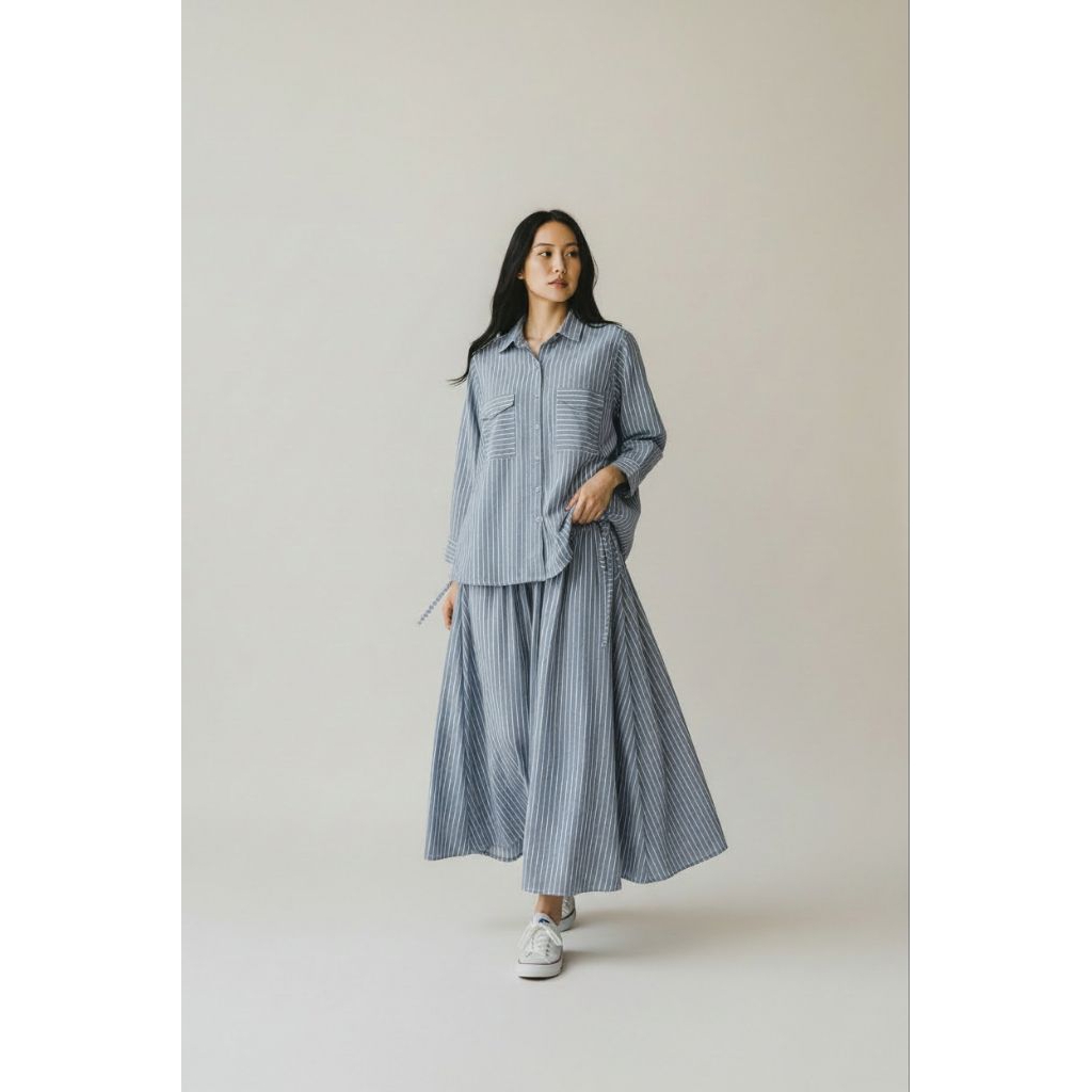 Set Wanita Hem Rok Wanita Katun Salur Premium