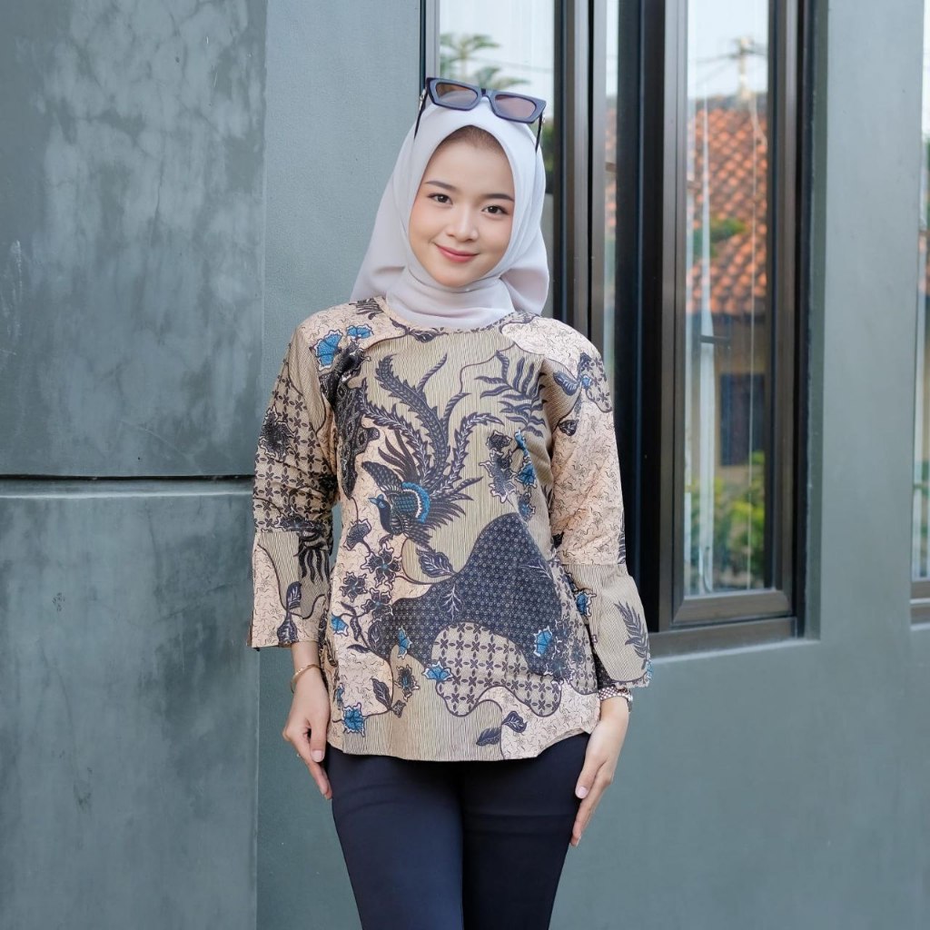Tunik Batik Wanita Modern Atasan Batik Wanita Baju Batik Lengan Panjang Ready Seragam M L XL XXL