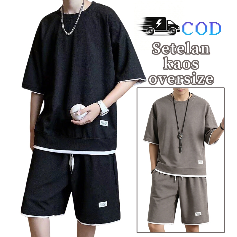 celana pendek pria Baju Pantai Pria Satu Set Baju Oversize Pria Waffle Kaos Korea Style Pria baju ka