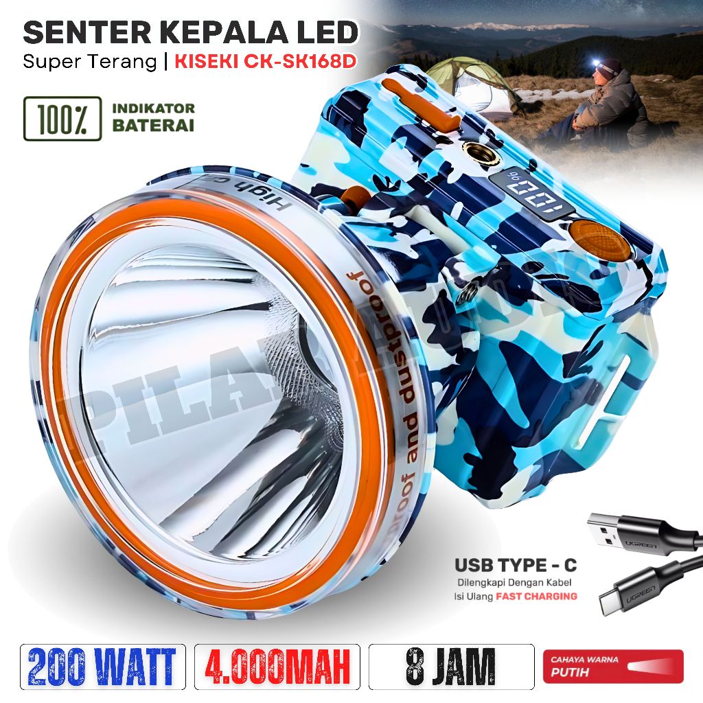 Senter Kepala LED 200W KISEKI CK-SK168D | Headlamp Led Outdoor Camping Cahaya Putih Super Terang Bat