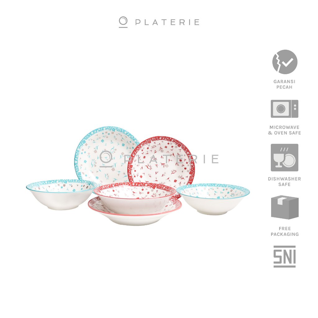PLATERIE Dinner Set Piring Mangkok , Dinner & Salad Plate & Bowl Keramik Floralie Blue & Red