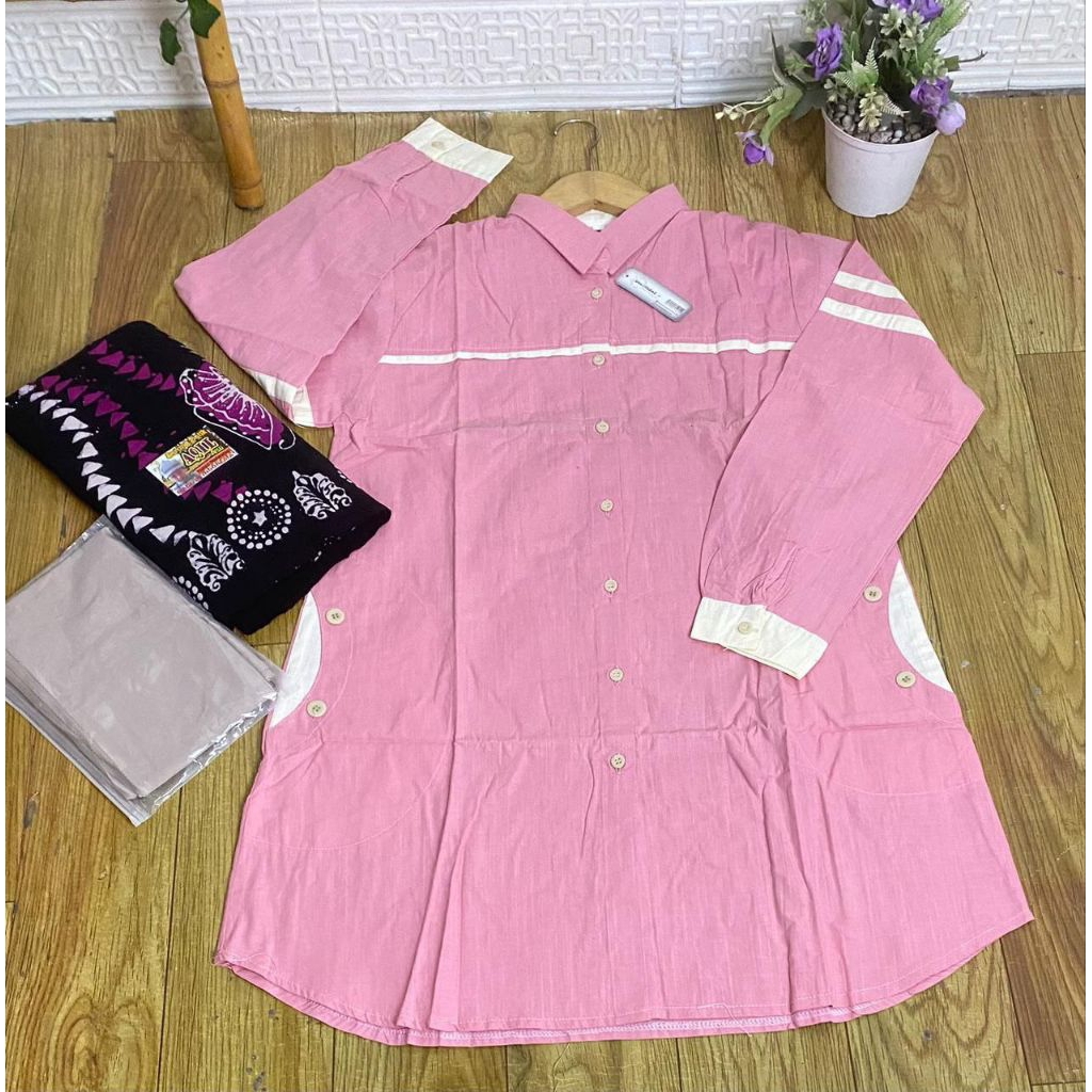 SET TUNIK SANTRI ( sarung aqil - tunik shafaraz - jilbab polos ) paket hemat setelan santri putri tu