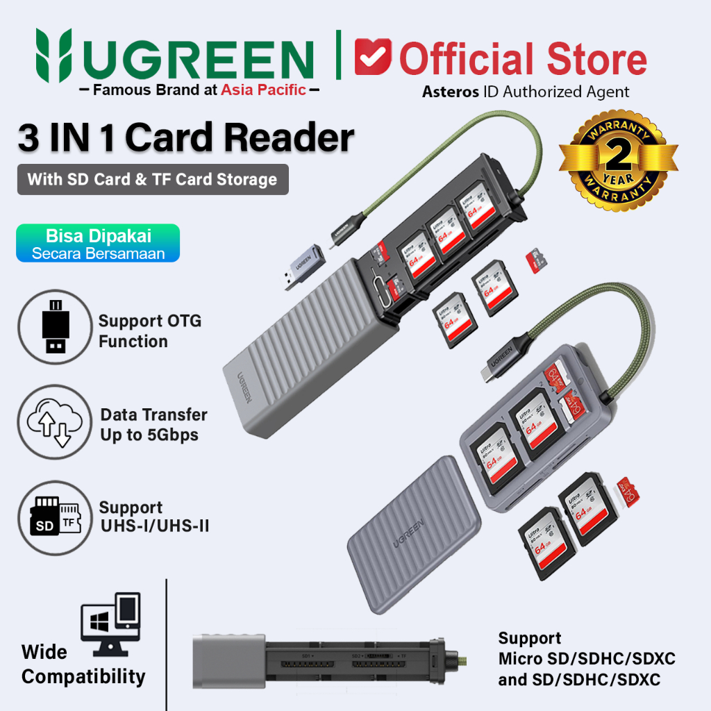 UGREEN Card Reader 12 in 1 For SD+TF Card, SIM Card, Ejector Pin, USB Adapter Card Storage 55899