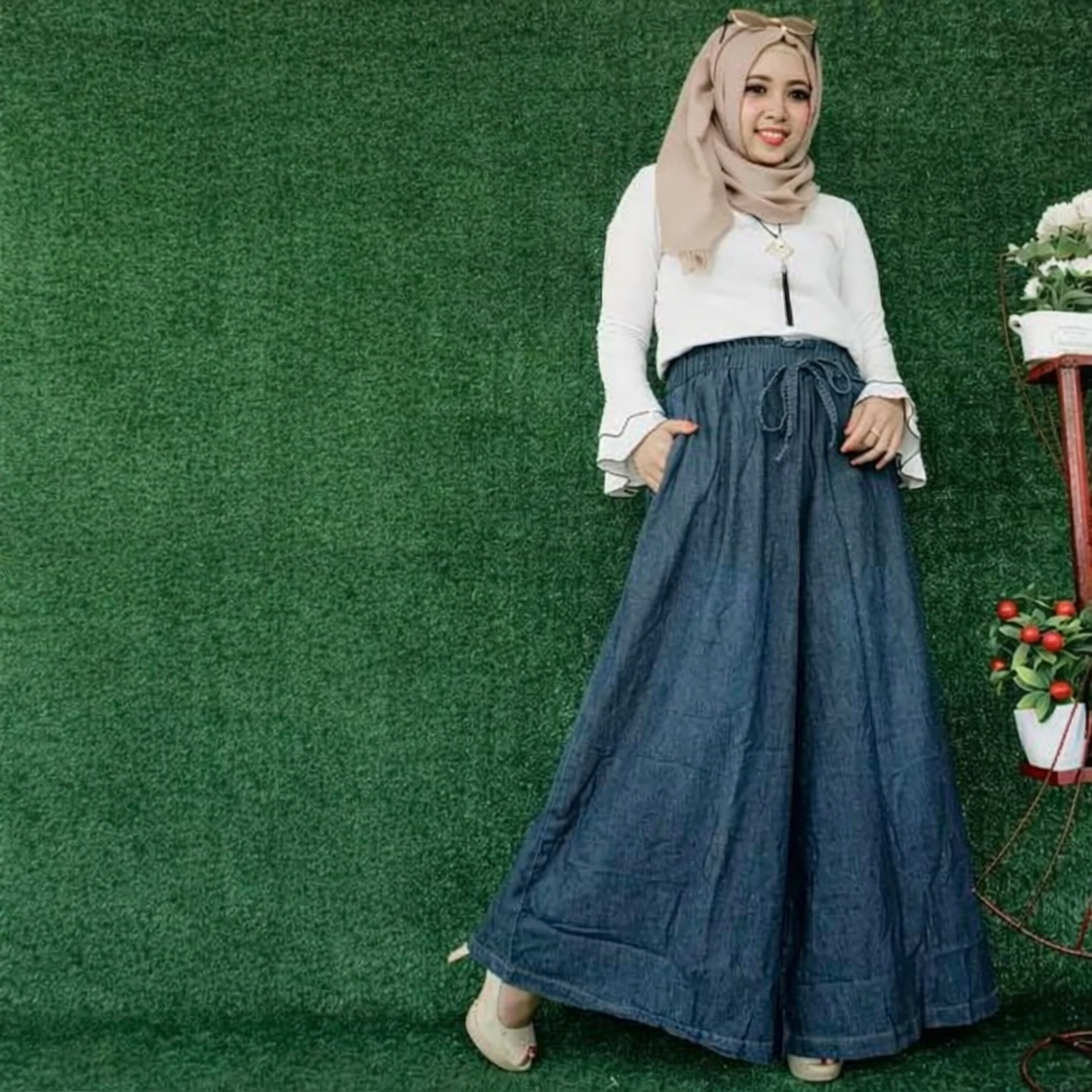 celana wanita kulot payung biggy palazo jeans wash premium