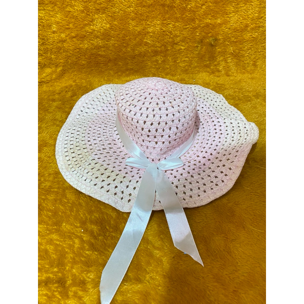 PL Topi Pantai Cewek Dewasa Anyaman Pink Pita Putih