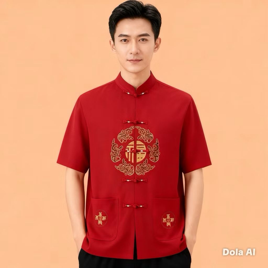 Terbaru Baju Cheongsam Pria Baju Tradisional Kemeja Formal Baju Imlek Pria Bordir Koin